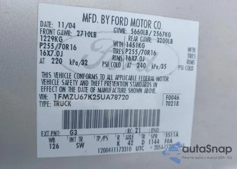 2005 Ford Explorer Sport Trac Adrenalin/Xls/Xlt из США, поврежденный, VIN 1FMZU67K25UA78720